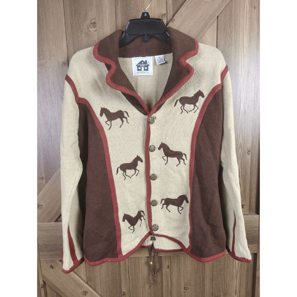 Storybook Knits Horse Equestrian Cardigan Sweater Brown Western Lace Back XS